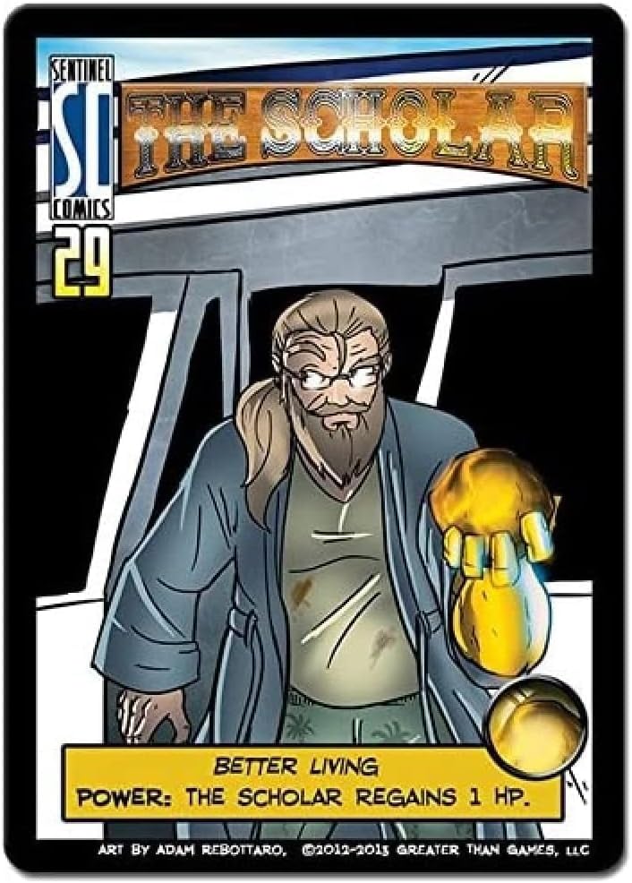 The Scholar game card: A bearded man with glasses holds a glowing golden orb, regaining 1 HP