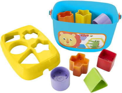 Fisher-Price shape sorter toy with a blue bucket -  yellow lid -  and colorful blocks like a star -  triangle -  and square