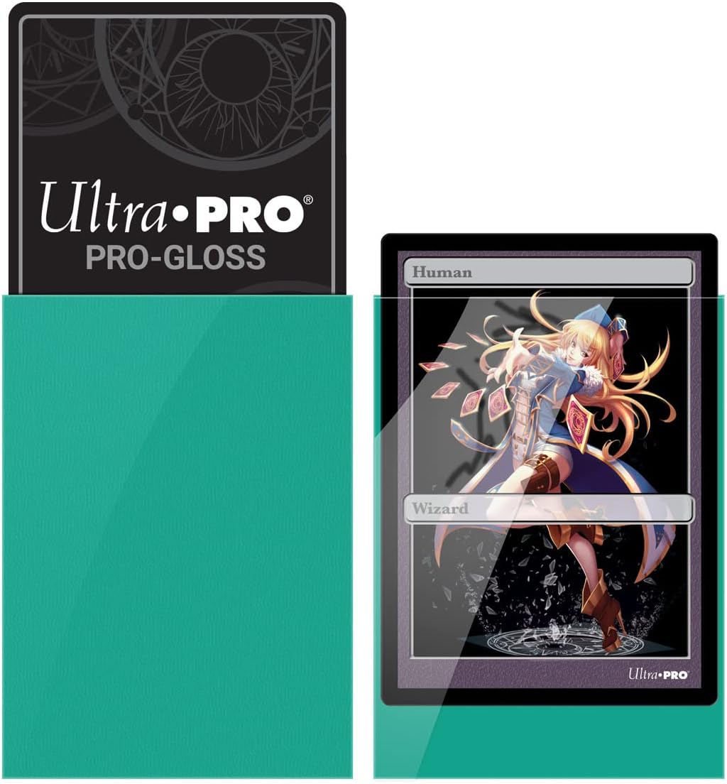 Ultra-PRO teal card sleeves, with one protecting a Human Wizard trading card