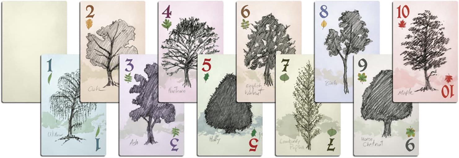 Ten tree-themed playing cards, fanned out, show sketched trees, numbers 1-10, and their names
