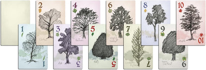 Ten tree-themed playing cards, fanned out, show sketched trees, numbers 1-10, and their names