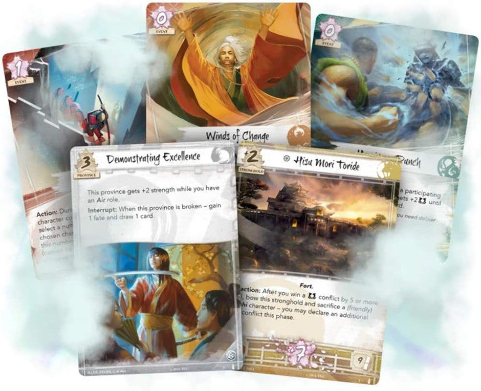 An array of cards for the Legend of the Five Rings LCG including Demonstrating Excellence and Hisu Mori Toride
