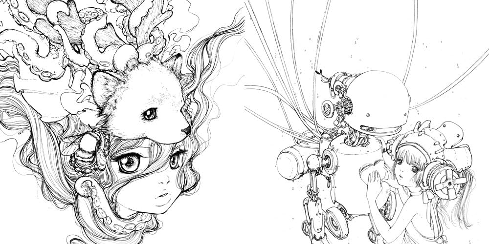 Detailed B&W line art: A girl with a fox and octopus on her head looking up; another girl gently touching a robot