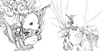 Detailed B&W line art: A girl with a fox and octopus on her head looking up; another girl gently touching a robot