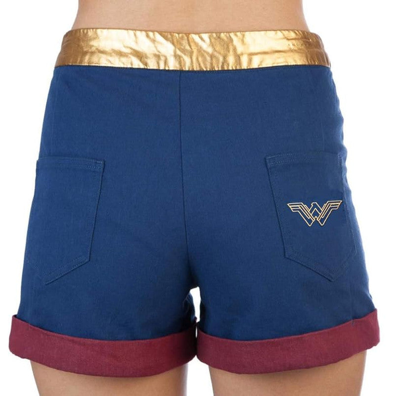 Blue shorts with gold waistband and red cuffs