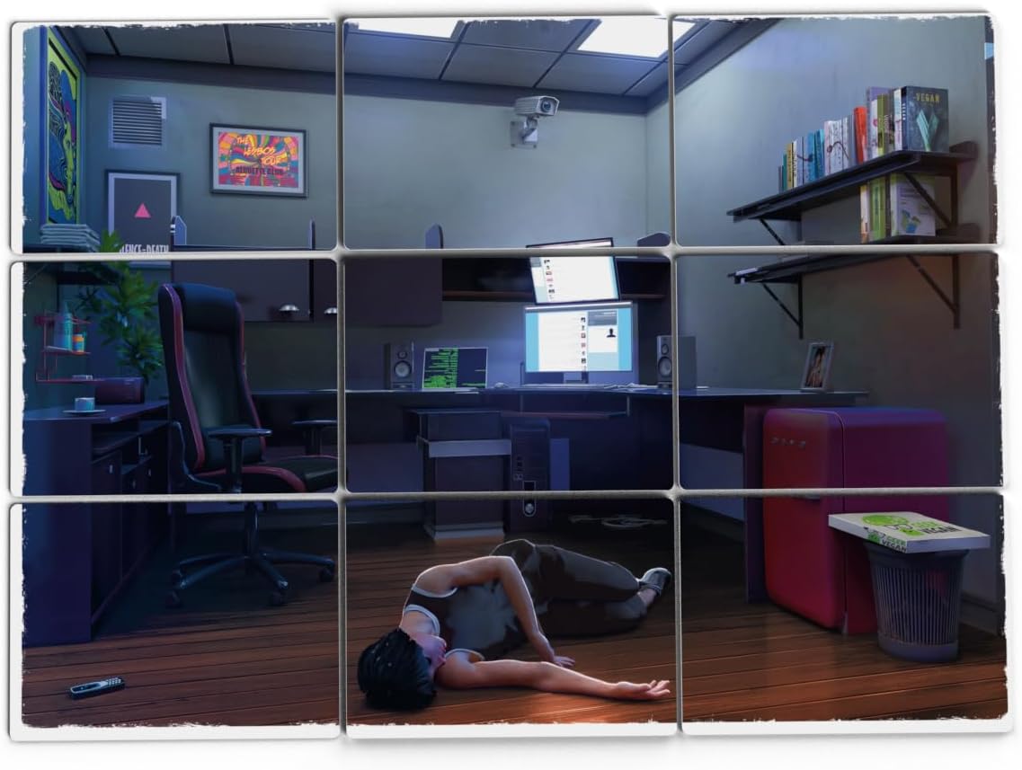 A person lies collapsed on the floor of a home office with computer monitors and a phone