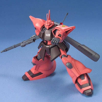 Detailed red mobile suit model, aiming a rifle while crouched in a dynamic pose against a blue background