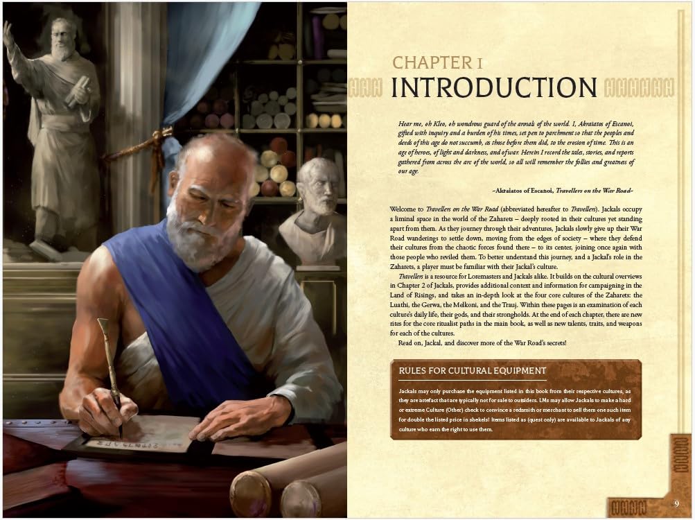 Wise old scribe with a long white beard writing on a parchment with a feather quill in a room filled with scrolls and busts