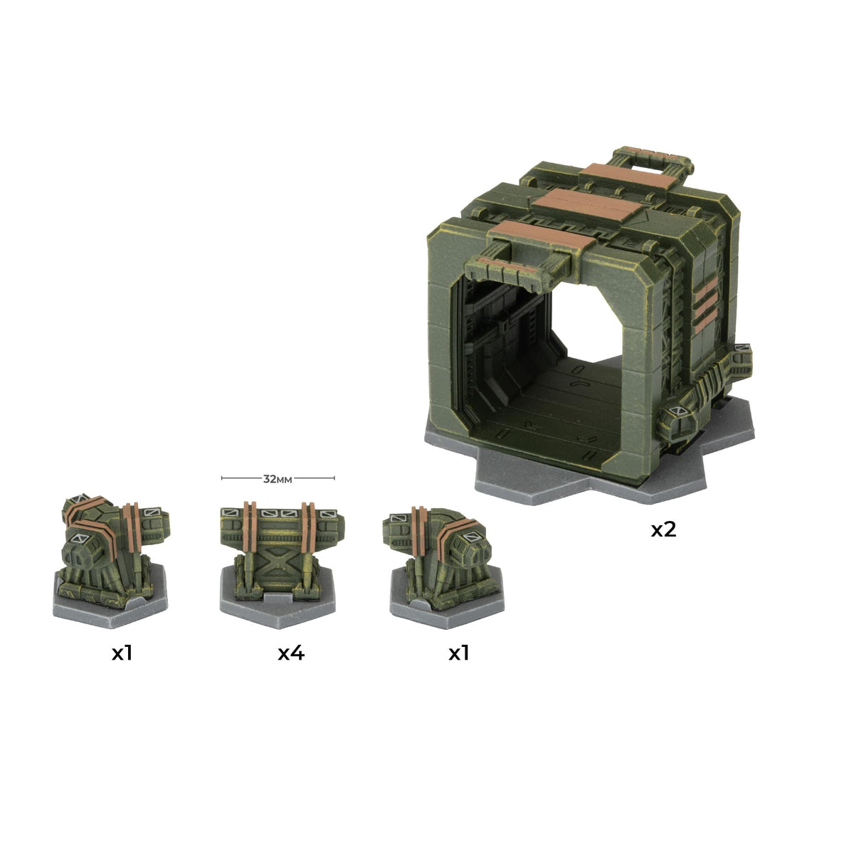 Modular green/brown sci-fi terrain set: 2 large tunnel sections, 1 small turret, 4 crates, and 1 antenna structure on hex bases. 32mm scale.