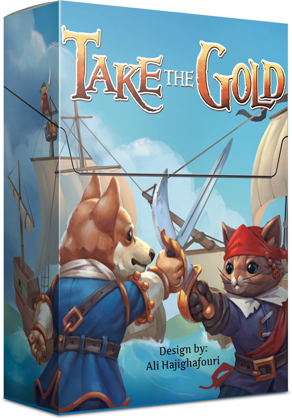 Game box for &#39;Take The Gold&#39; showing a dog and cat pirate dueling with swords on a ship at sea.