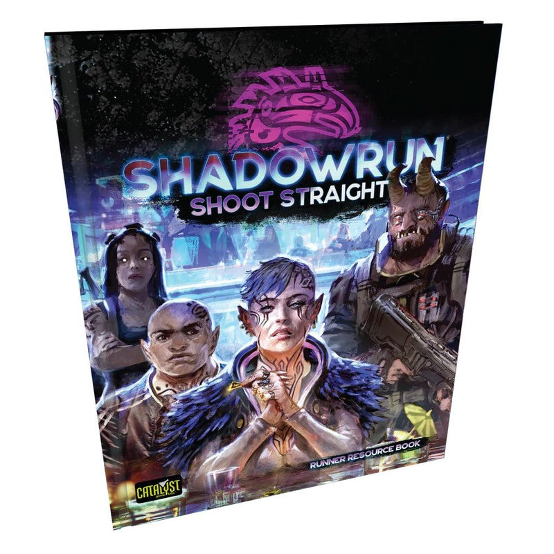 Shadowrun Shoot Straight Runner Resource Book showing four diverse fantasy characters in a city scene