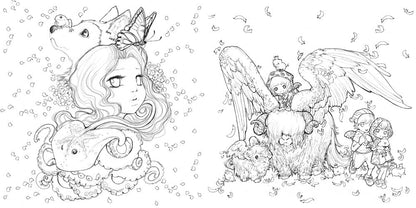 Line art of two fantasy scenes: a girl with fox & octopus, and a winged ram-like beast with a hooded rider and two winged children