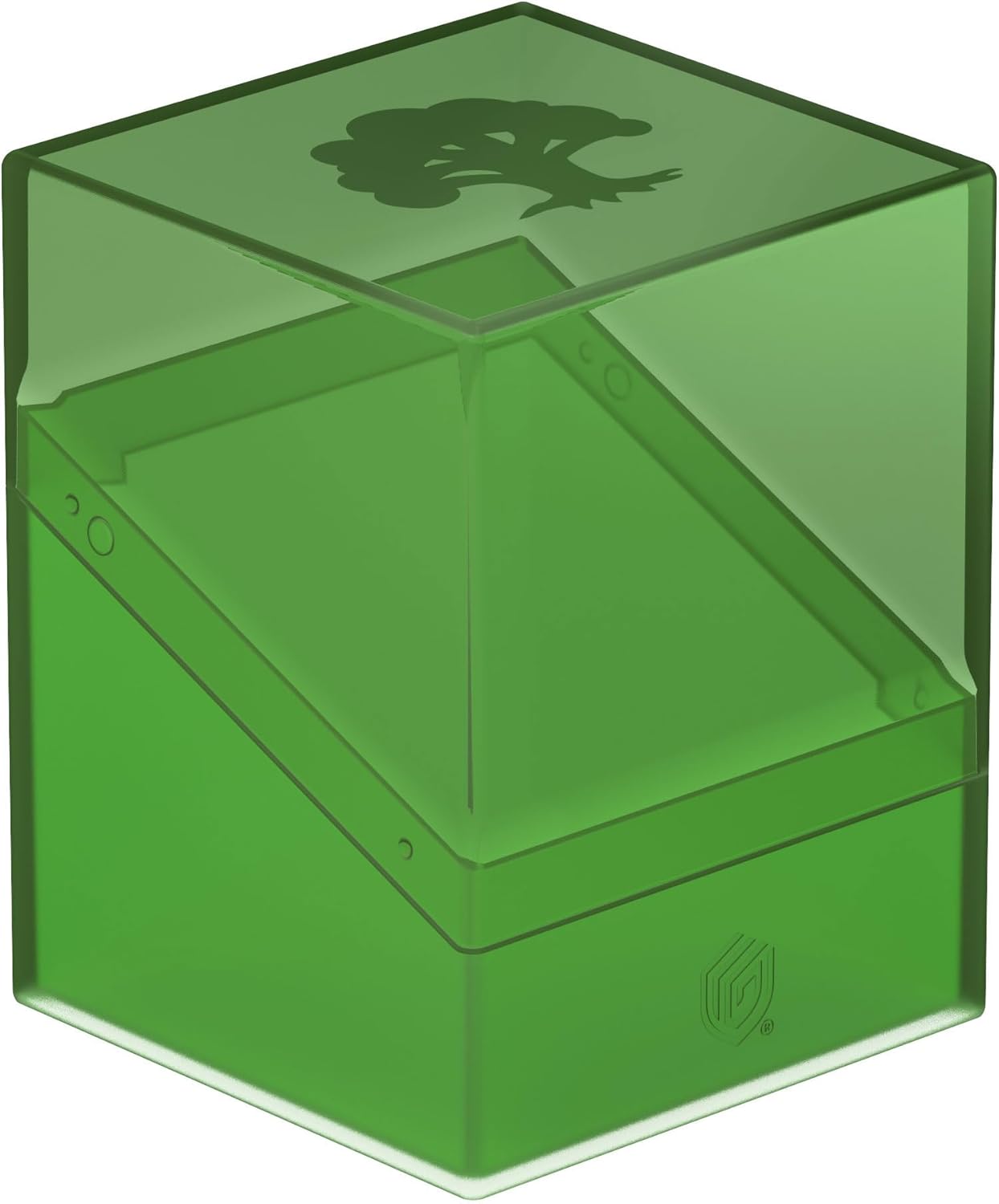 Green translucent deck box with a forest mana tree symbol etched on the lid