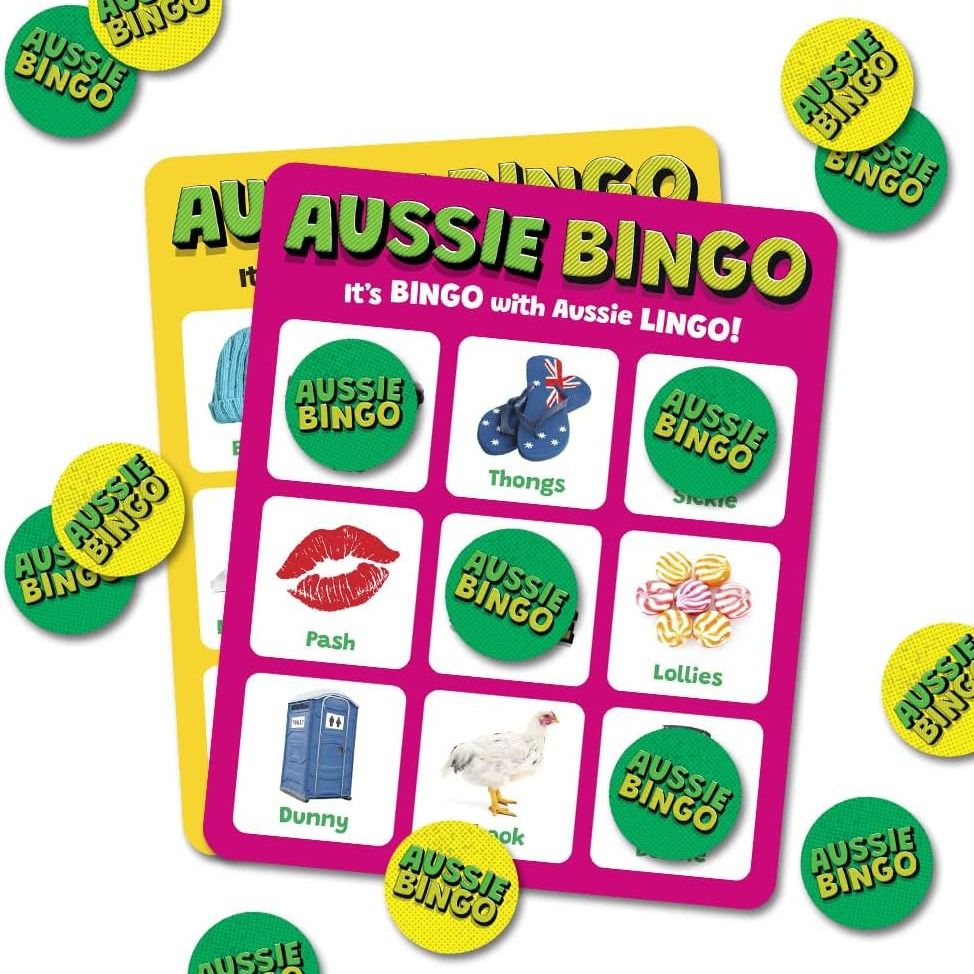 Aussie Bingo board game with pink/yellow cards, markers, and Aussie slang terms (Thongs, Pash, Dunny)