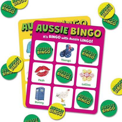 Aussie Bingo board game with pink/yellow cards, markers, and Aussie slang terms (Thongs, Pash, Dunny)