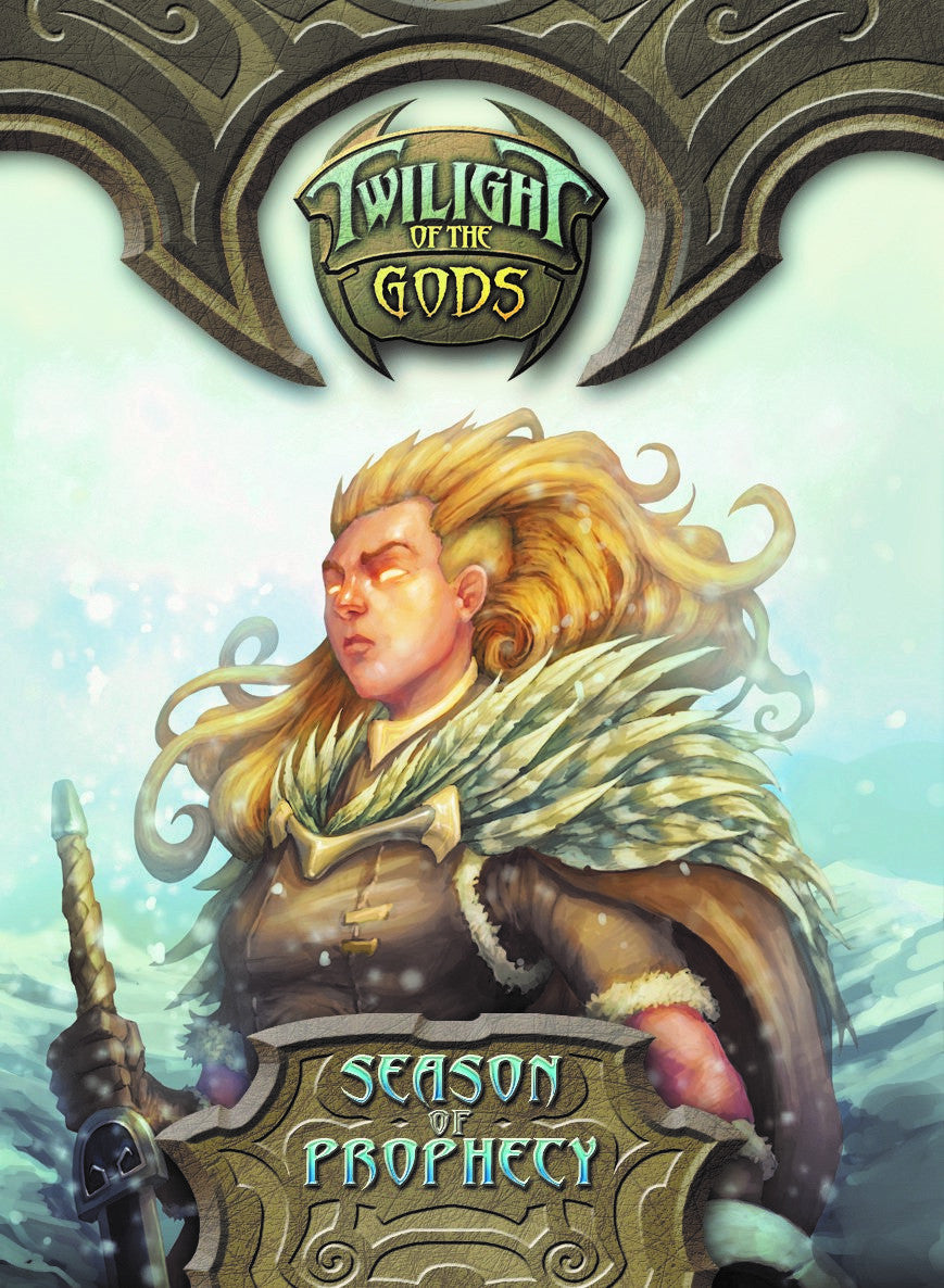 Fantasy book cover art for Twilight of the Gods Season of Prophecy featuring a warrior with glowing eyes