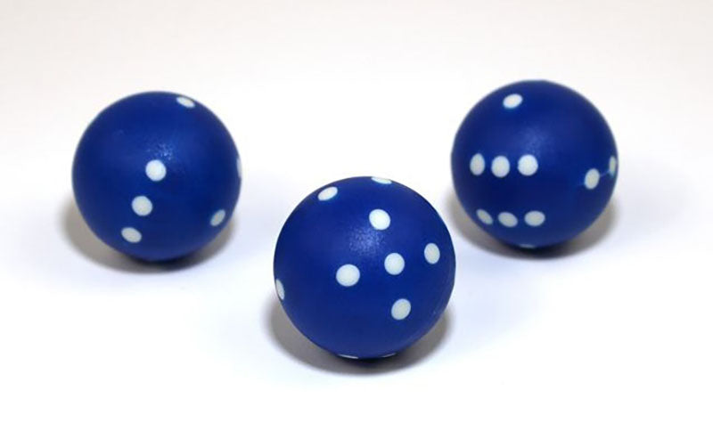 Three blue spherical dice with white pips on a white background 