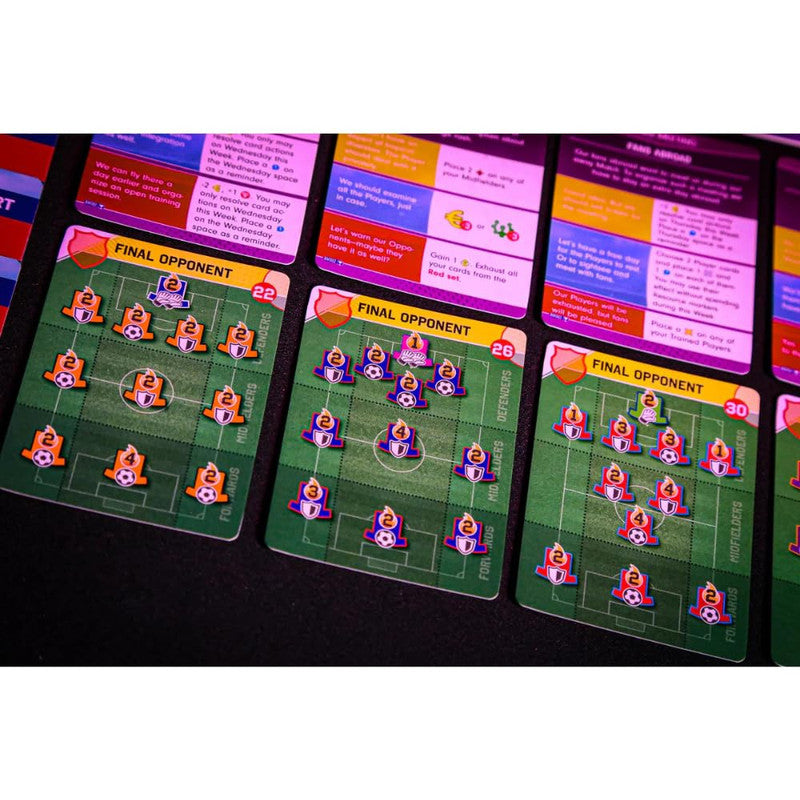 Three strategy cards for a soccer board game featuring different player formations and details