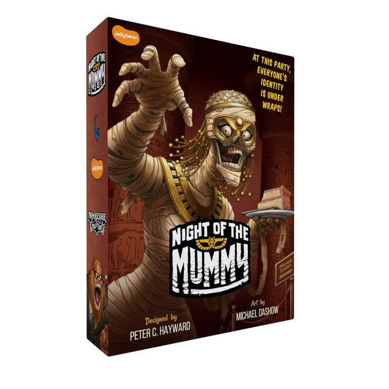 Board game box for 'Night of the Mummy' featuring a wide-eyed mummy holding a slice of cake