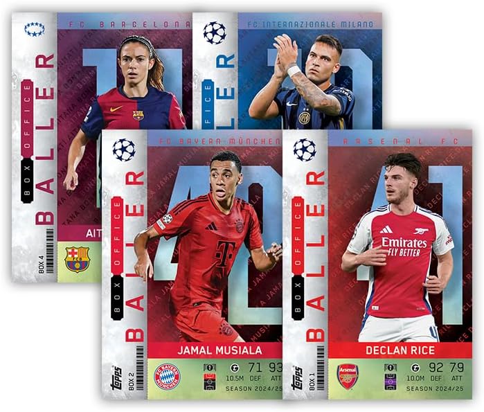 Multiple Topps UEFA Club Competitions Baller trading cards featuring international football players displayed at an angle