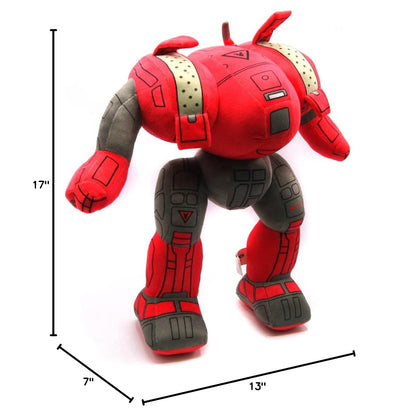 Red and gray BattleTech Archer plush toy shown with size indicators