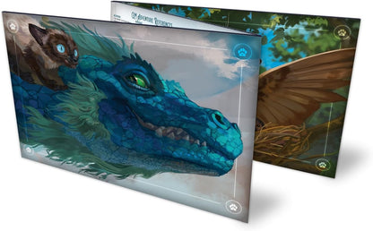 GM screen art shows a blue-green dragon with a small, brown, blue-eyed creature perched on its head