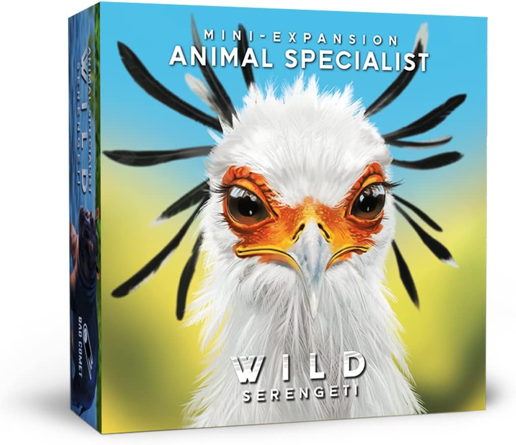 Serengeti Animal Specialist mini-expansion box featuring a close-up illustration of a bird with black feathers and orange eyes