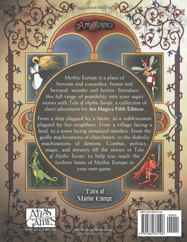 Back cover for Ars Magica's "Tales of Mythic Europe" RPG, with an ornate frame and fantasy art: angel, fairy, dragon, and horned devil