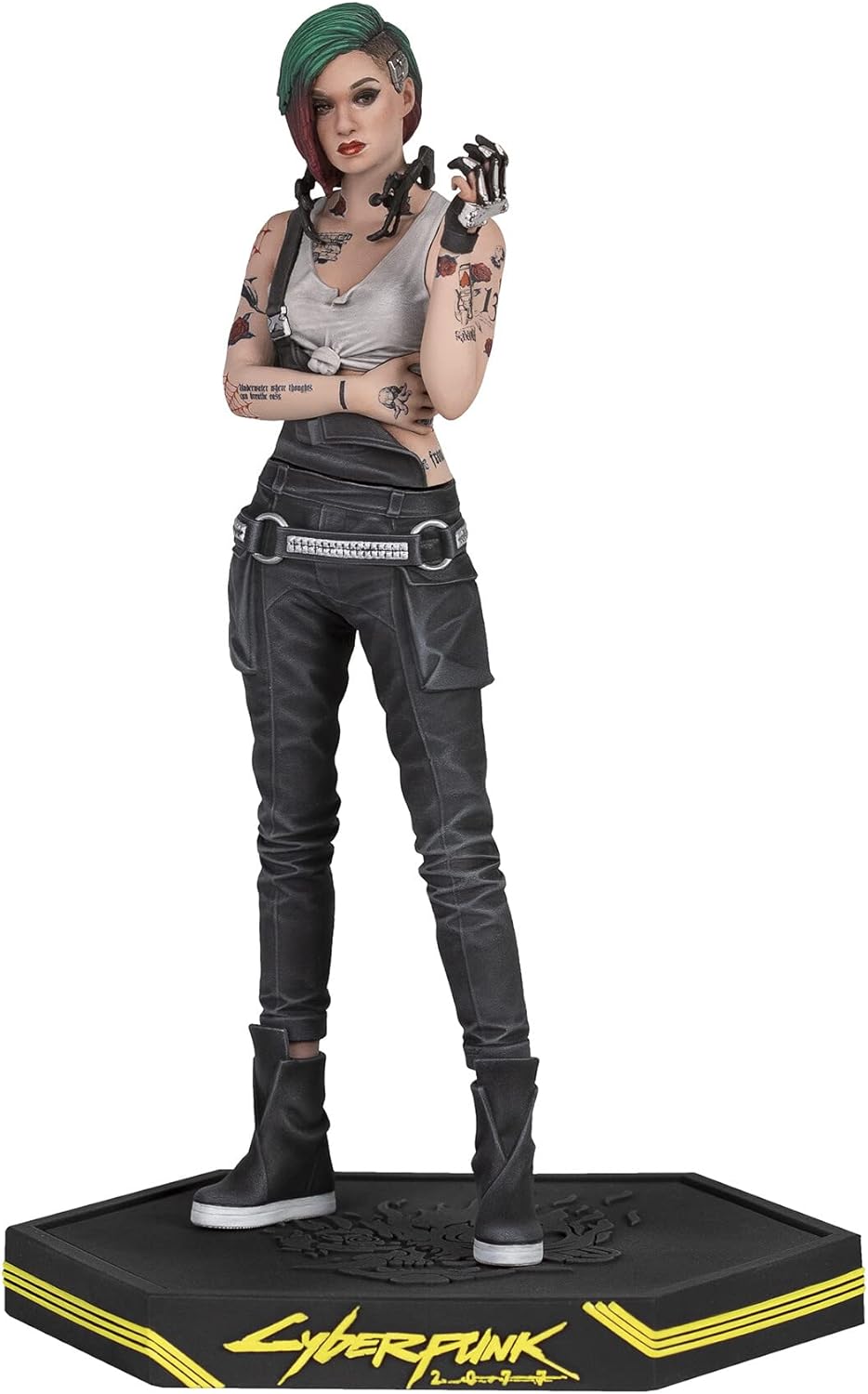 Judy Alvarez statue (Cyberpunk 2077) with green hair, tattoos, and metallic cybernetic hand, standing on a logo base
