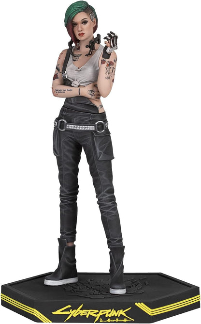 Judy Alvarez statue (Cyberpunk 2077) with green hair, tattoos, and metallic cybernetic hand, standing on a logo base