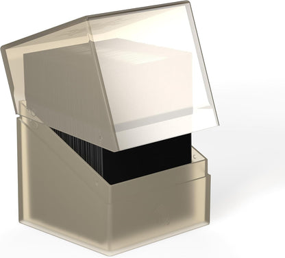 Frosted translucent card deck box with open hinged lid, showing a stack of gaming cards