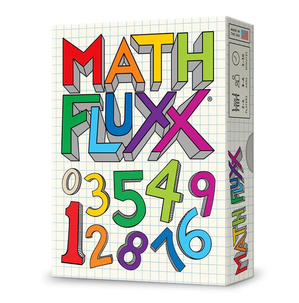 Box for the Math Fluxx card game, featuring colourful 3D title letters and numbers on a graph paper background.