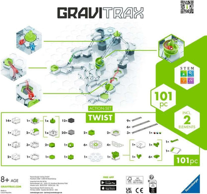 GraviTrax Action-Set TWIST STEM marble run toy, displaying the modular track design and 101 included pieces