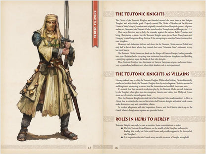 Osprey Heirs to Heresy Faith Fear RPG supplement features a figure in layered robes and chainmail holding a sword