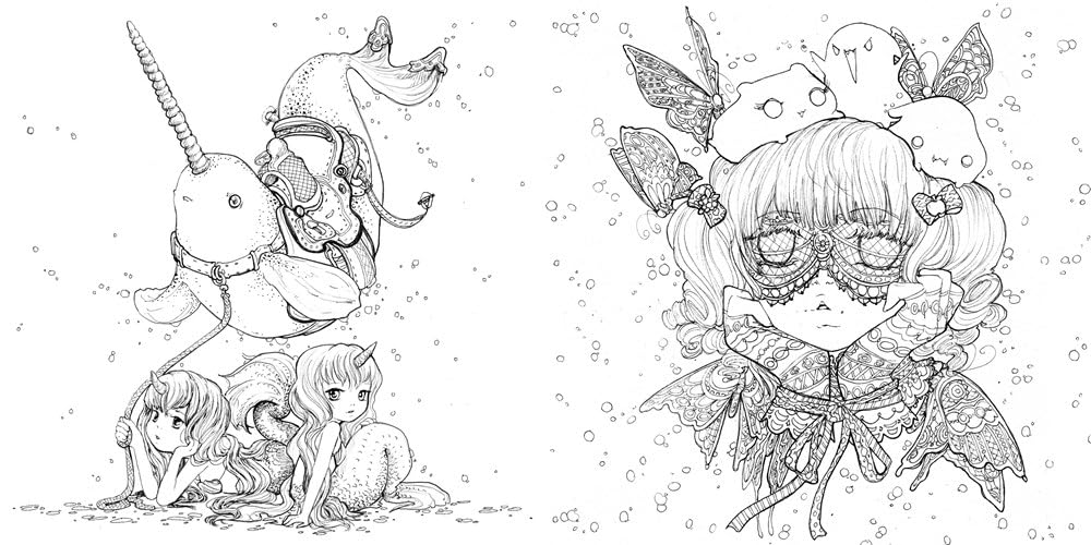 Line art of a saddled narwhal led by two horned mermaids, and a masked girl with wings and ghosts