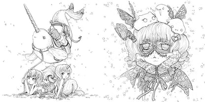 Line art of a saddled narwhal led by two horned mermaids, and a masked girl with wings and ghosts