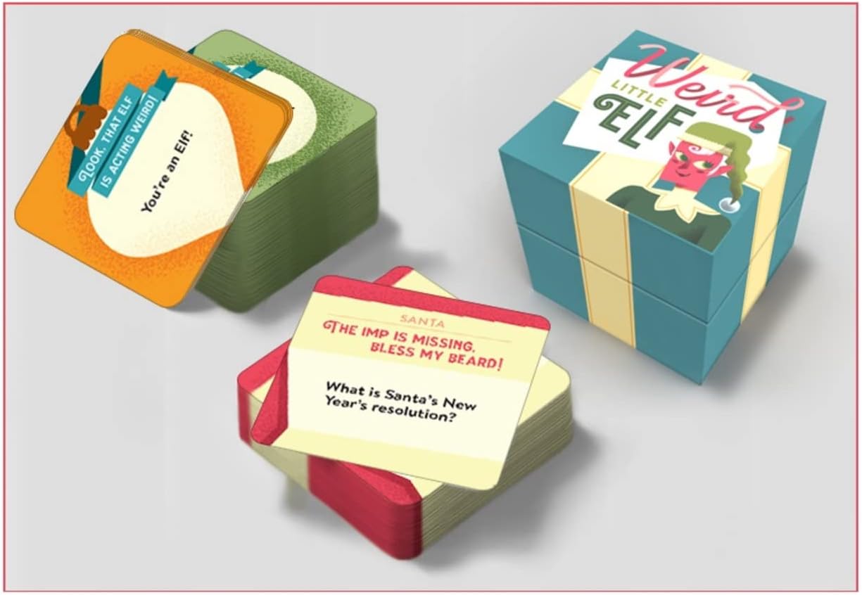 Three stacks of colorful game cards and a "Weird Little Elf" gift-box style game package with elf-themed questions visible