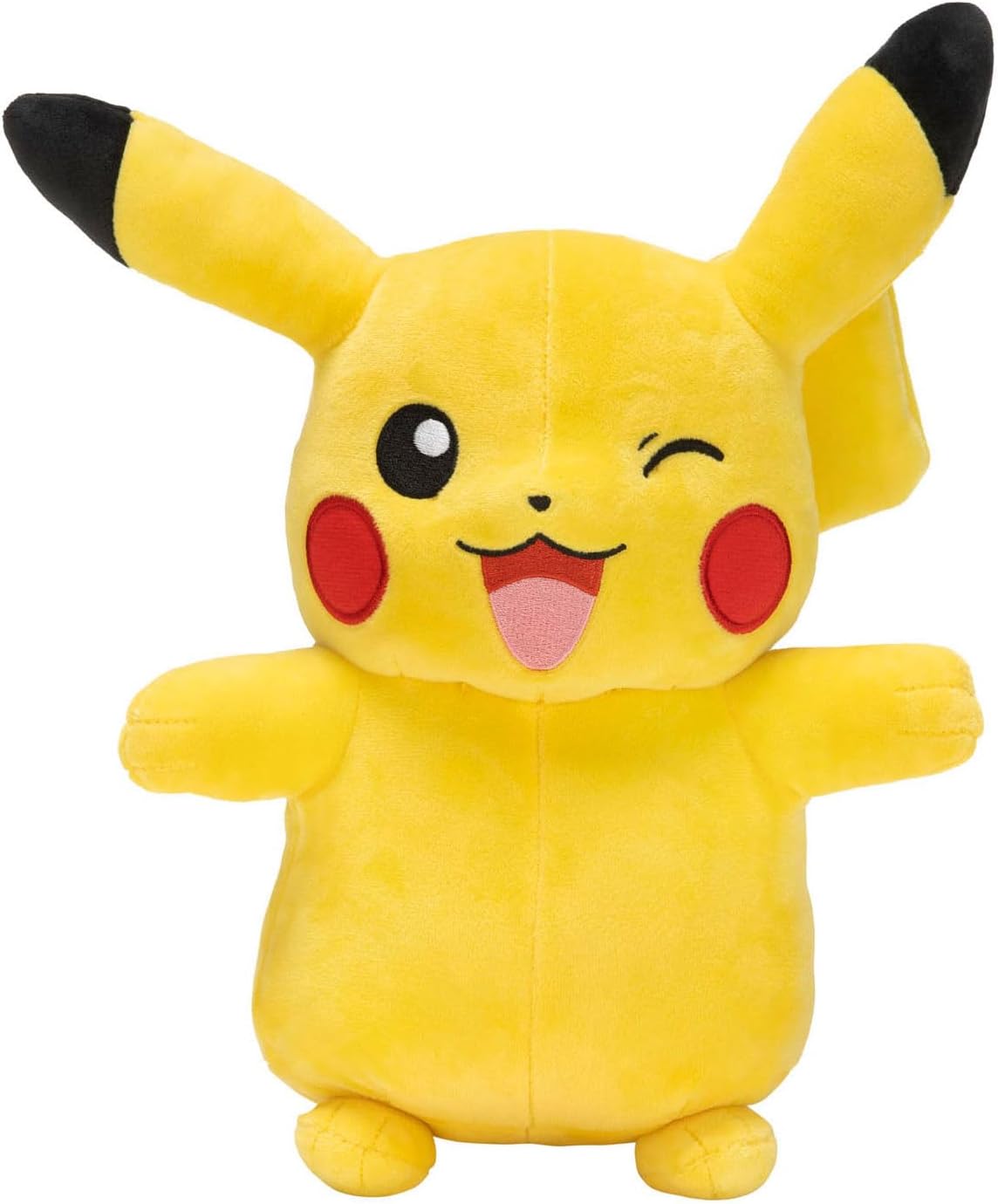 Pikachu plush toy winking, smiling and sticking out its tongue