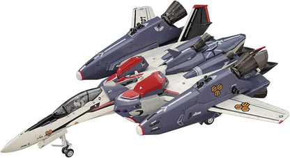 Highly detailed white and dark blue variable fighter jet model (Valkyrie) in fighter configuration with red accents and deployed landing gear