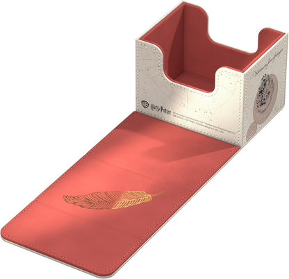 Harry Potter deck box; white exterior with map texture, opening to a red mat featuring a golden feather design