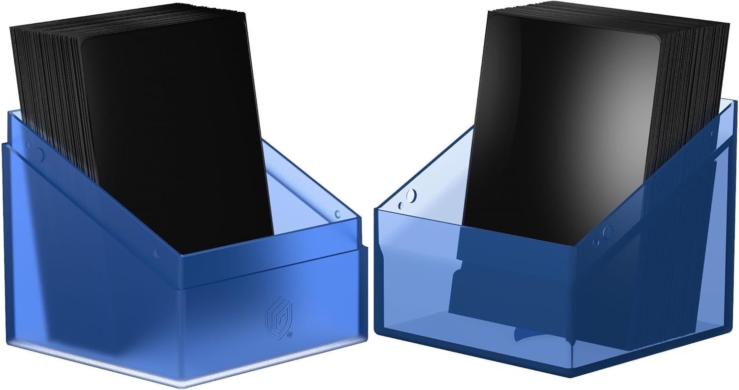 Two blue translucent deck boxes holding stacks of black card sleeves