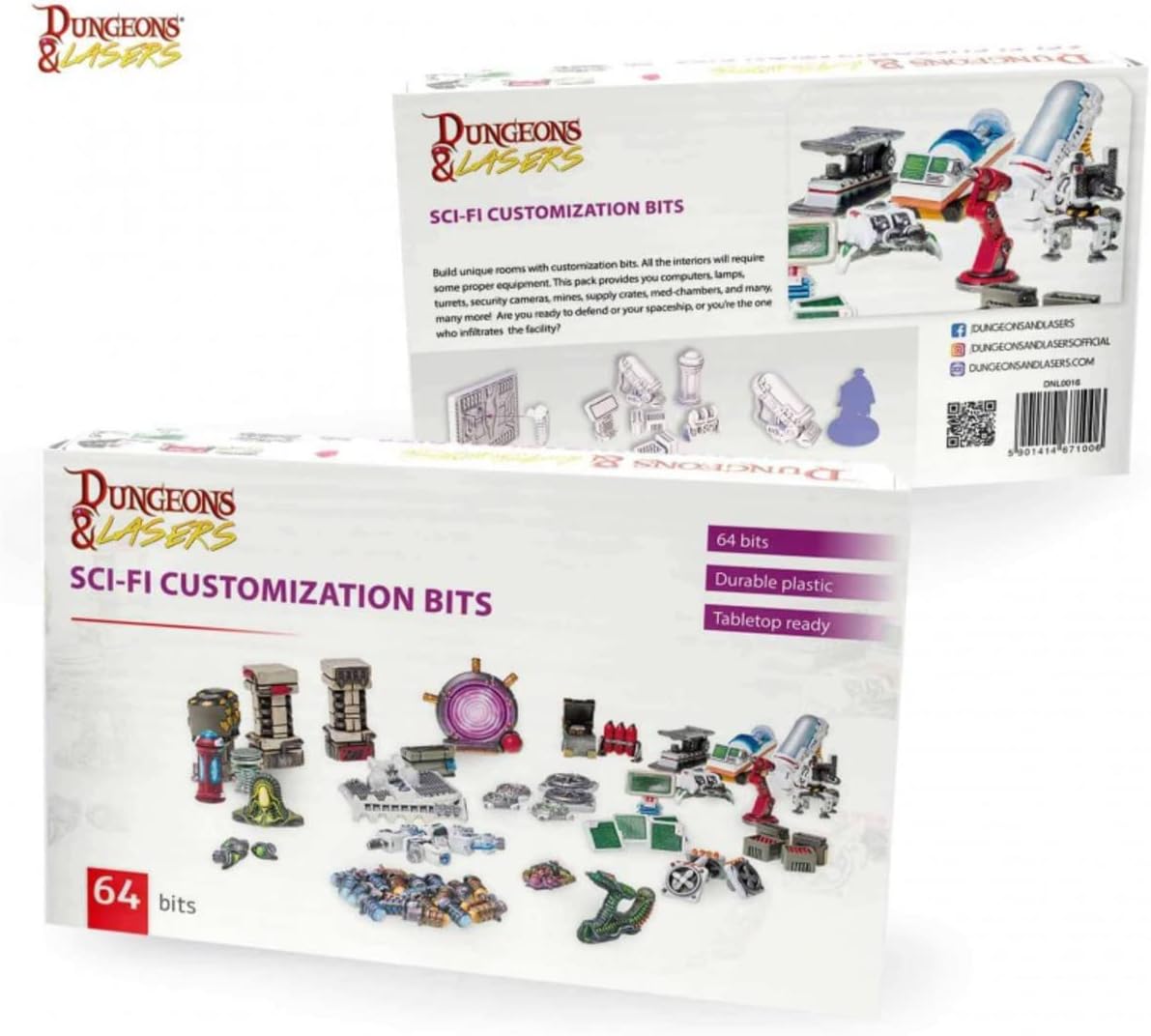 Box of Dungeons and Lasers Sci-Fi Customization Bits showing 64 miniature pieces for sci-fi tabletop games