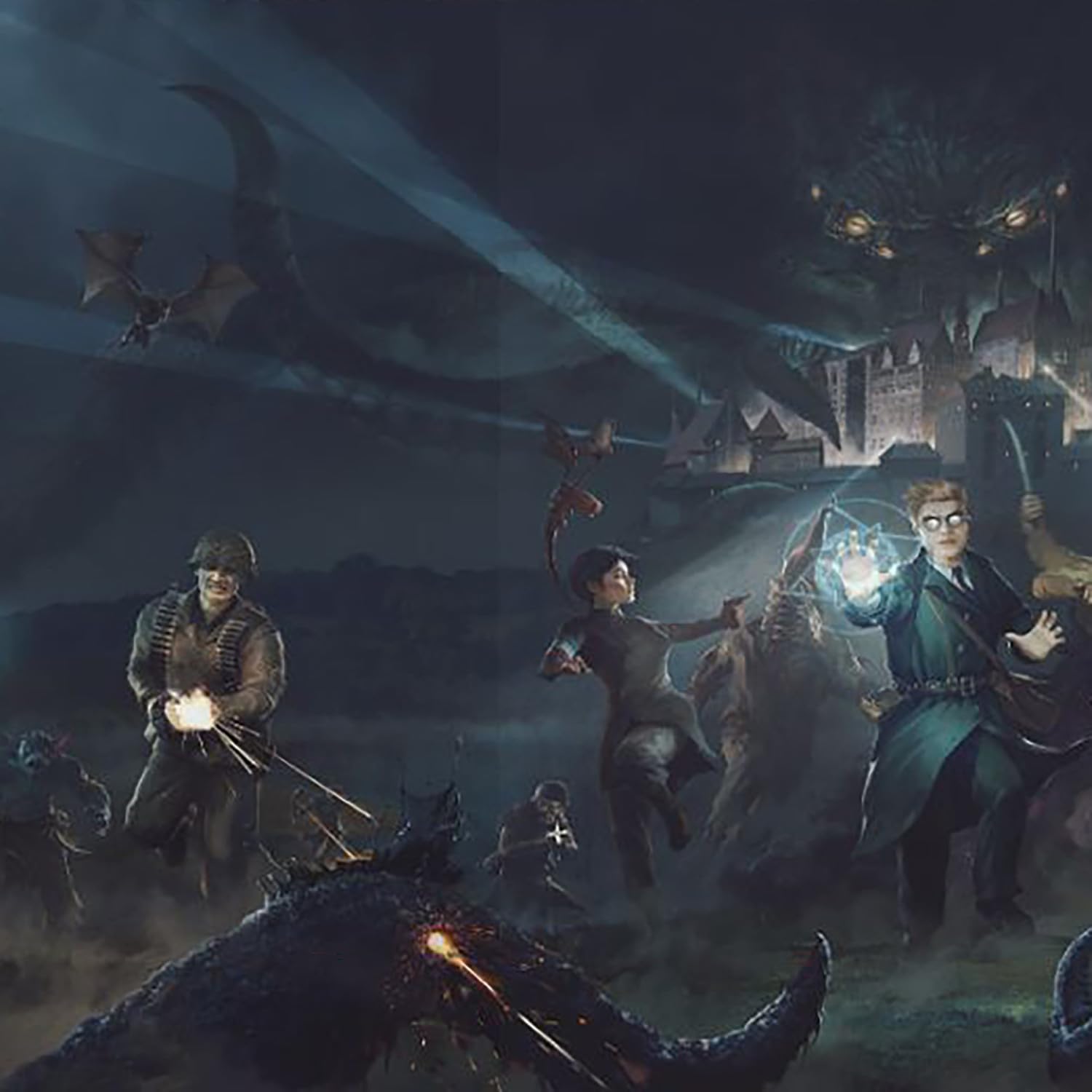 Soldier, magic-users battle monsters on a dark field. A giant winged creature and eye loom over a city.