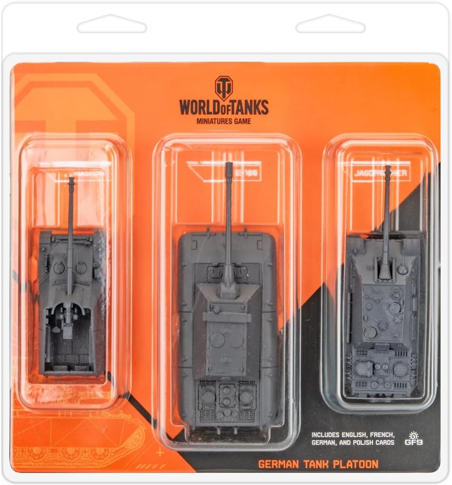 World of Tanks Miniatures Game 'German Tank Platoon' set with three grey tank models in clear packaging