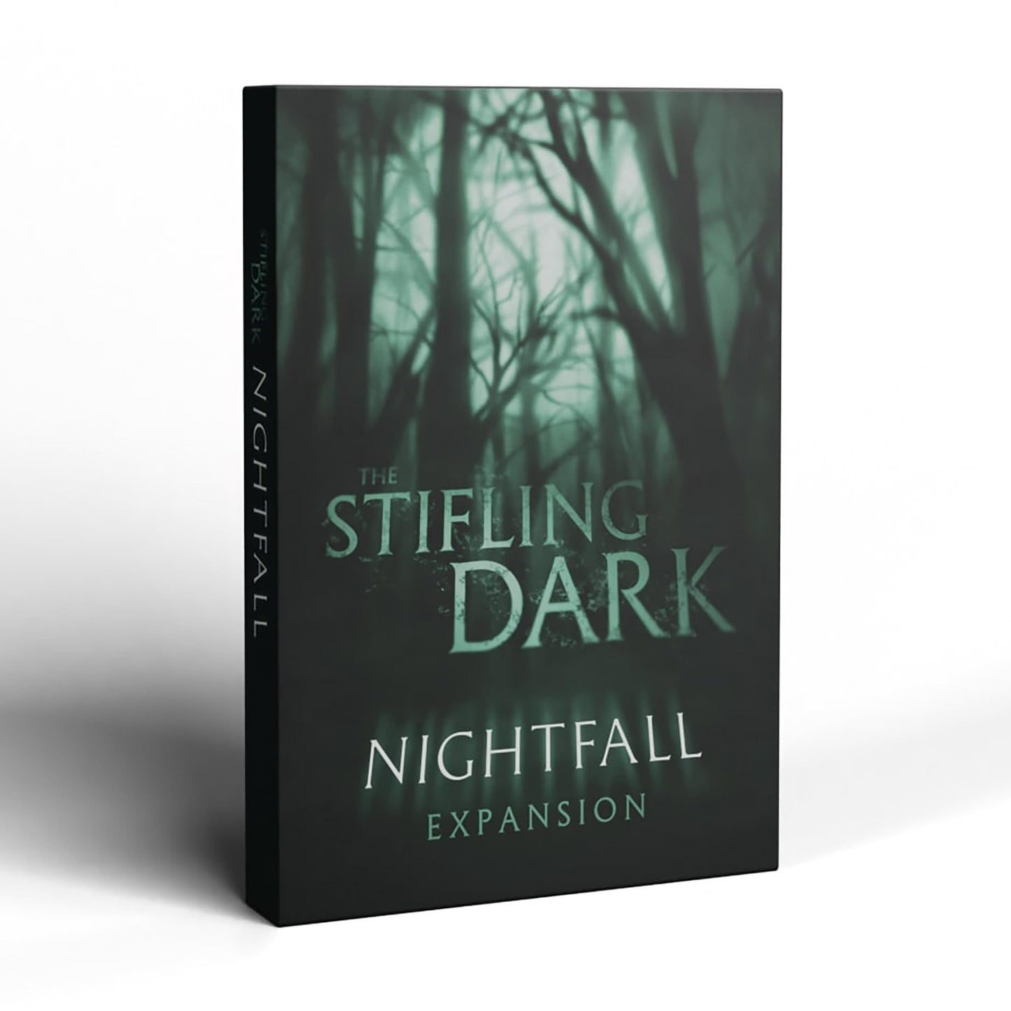 A box for The Stifling Dark: Nightfall Expansion, featuring a misty, dark forest