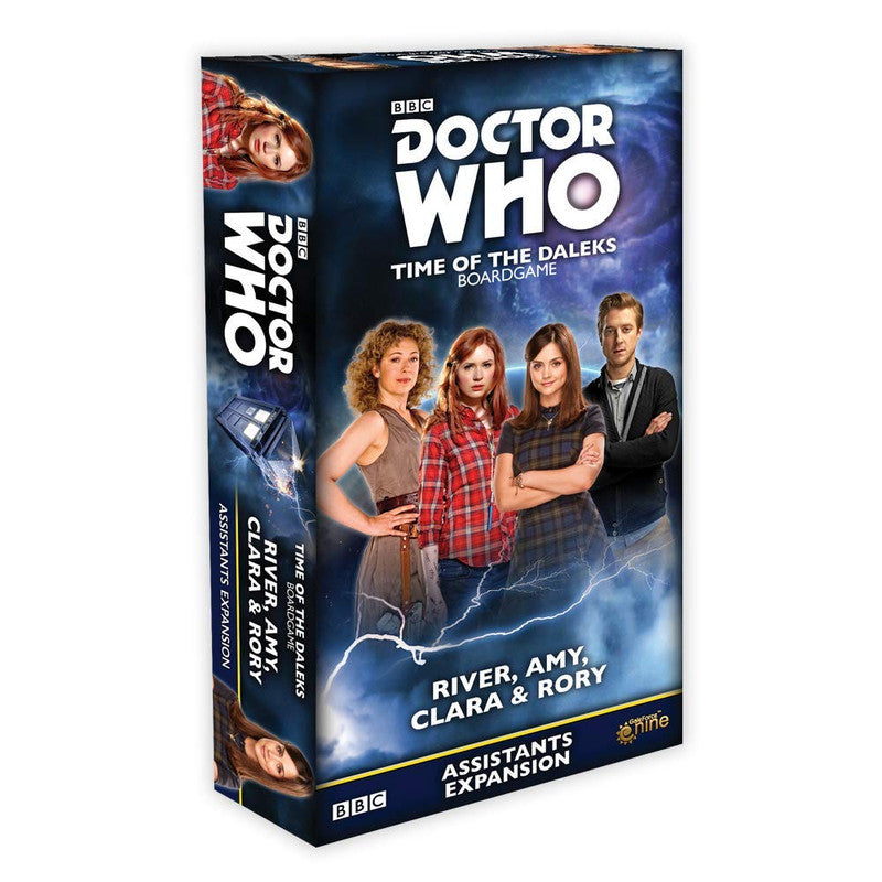 A Doctor Who: Time of the Daleks Assistants Expansion box shows River, Amy, Clara, Rory on a stormy background