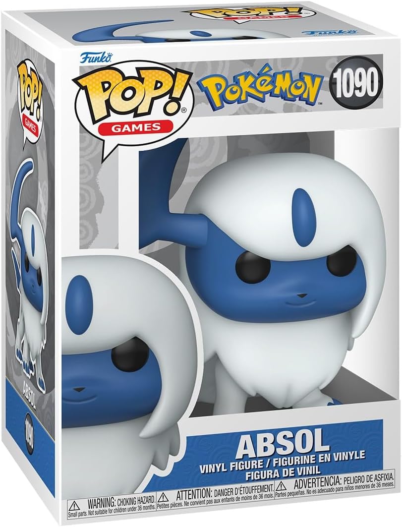 Boxed Funko Pop! vinyl figure of Pokémon Absol (#1090), featuring a blue face and white fur