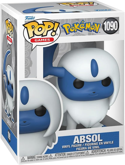 Boxed Funko Pop! vinyl figure of Pokémon Absol (#1090), featuring a blue face and white fur
