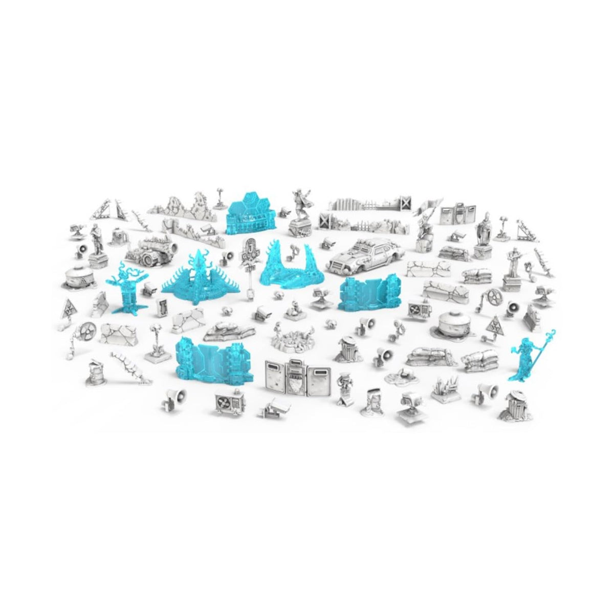 A wide assortment of grey and translucent blue miniature models for tabletop games, featuring vehicles, figures, and terrain