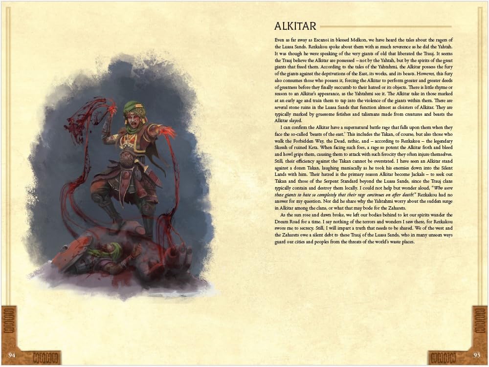 Warrior in green turban and red armor stands over defeated foe blood splattered from his hands
